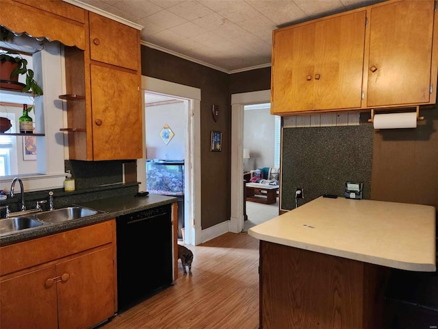 kitchen with decorative backsplash, light wood-type flooring, crown molding, sink, and dishwasher