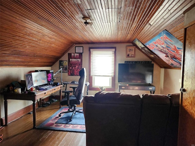 office featuring hardwood / wood-style floors, lofted ceiling, and wooden ceiling