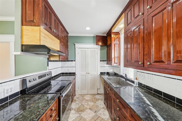 kitchen featuring sink, backsplash, dark stone countertops, electric stove, and ornamental molding