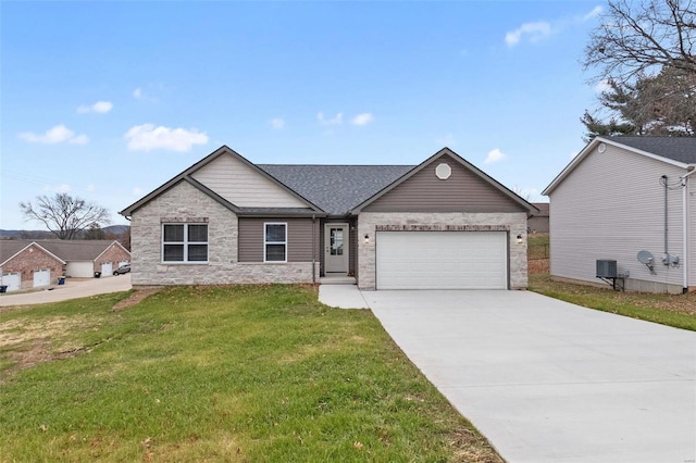 ranch-style house with a front lawn and a garage