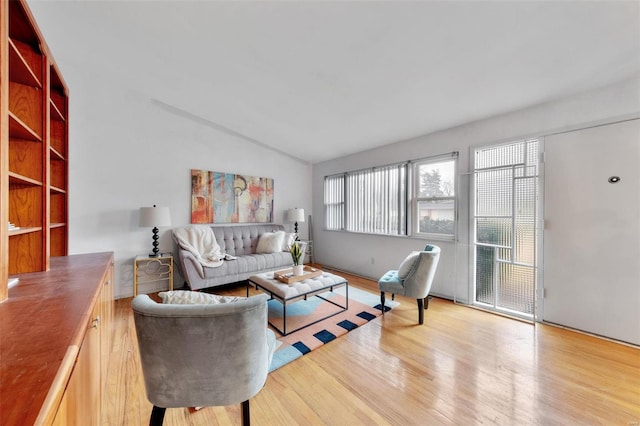 living room featuring light hardwood / wood-style floors and lofted ceiling