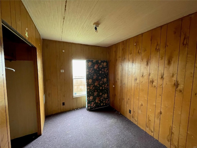 carpeted spare room featuring wooden walls