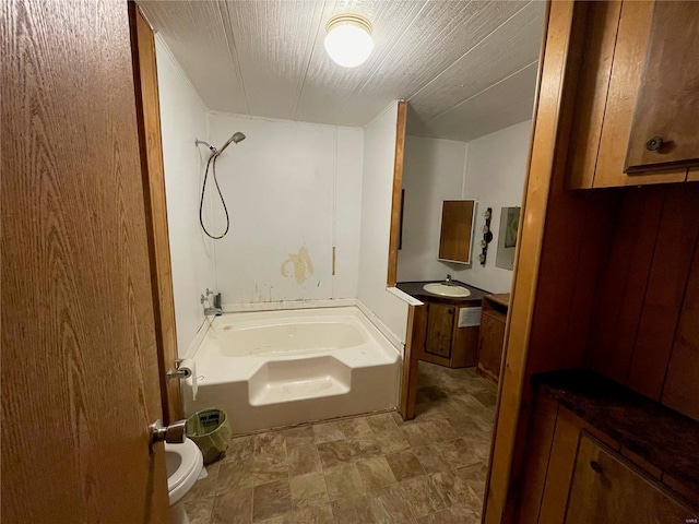 full bathroom featuring shower / tub combination, vanity, and toilet