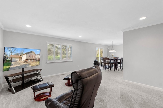 living room featuring light colored carpet and crown molding