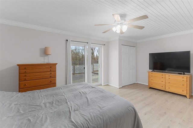 bedroom with a ceiling fan, wood finished floors, baseboards, crown molding, and access to outside