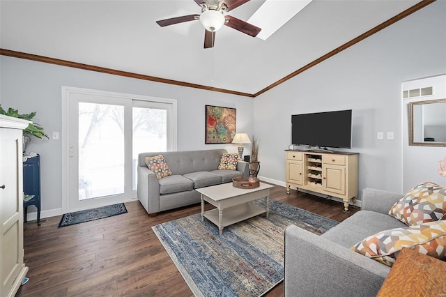 living area with a ceiling fan, dark wood-style floors, crown molding, baseboards, and vaulted ceiling