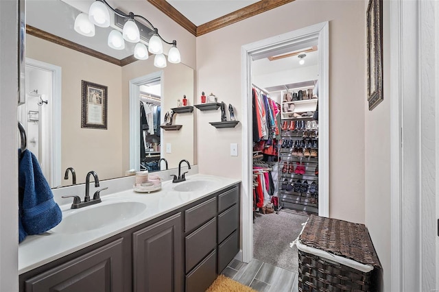 bathroom with a walk in closet, crown molding, double vanity, and a sink