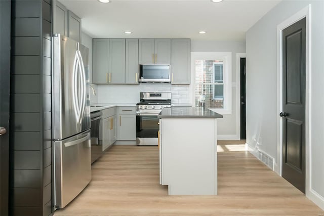 kitchen with a kitchen island, light wood-type flooring, backsplash, and appliances with stainless steel finishes