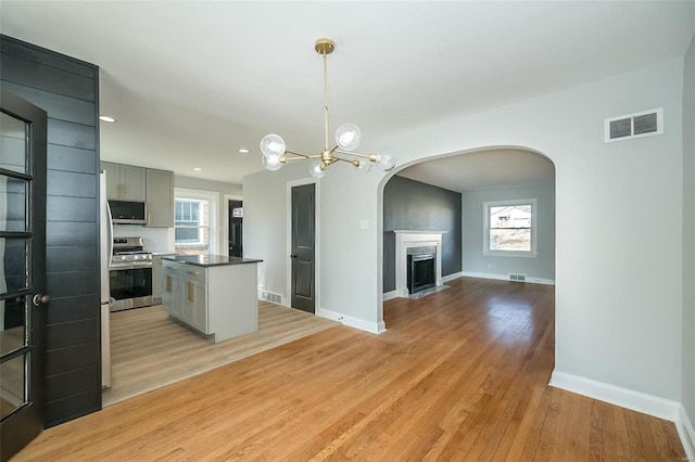 kitchen featuring hanging light fixtures, a healthy amount of sunlight, light hardwood / wood-style flooring, and stainless steel appliances