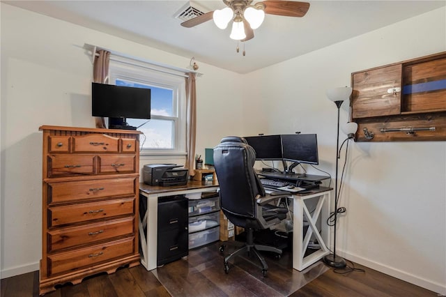 home office featuring dark wood-type flooring, a ceiling fan, and baseboards