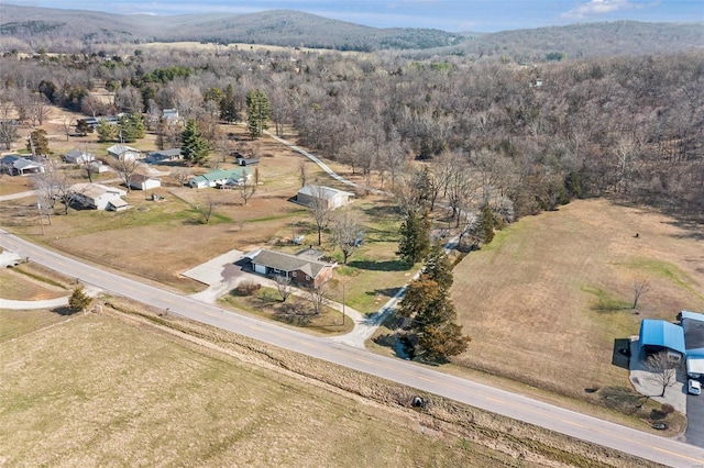 aerial view featuring a mountain view and a wooded view