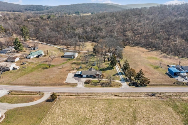birds eye view of property with a mountain view, a view of trees, and a rural view