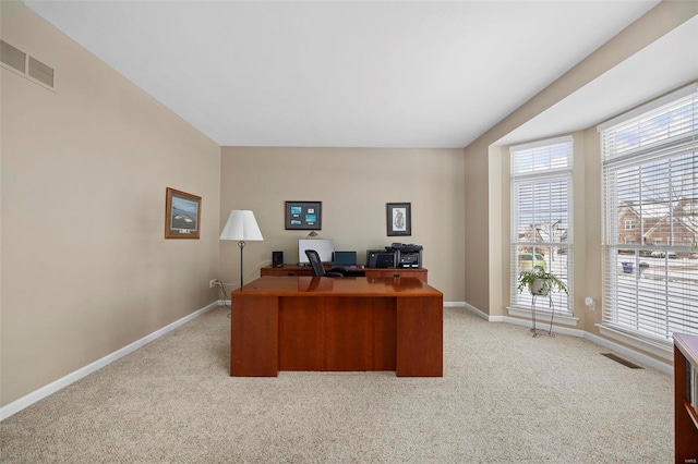 office area featuring light carpet