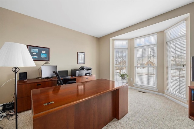 office area featuring light colored carpet