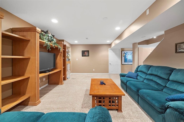 living room with light colored carpet