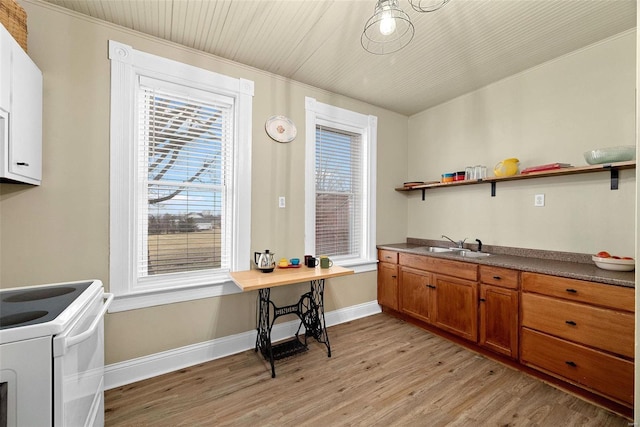 kitchen with white electric range oven, sink, and light hardwood / wood-style floors