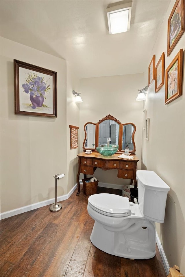 bathroom featuring vanity, toilet, and wood-type flooring