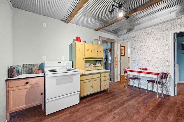 kitchen with white range with electric stovetop, beamed ceiling, and dark hardwood / wood-style floors