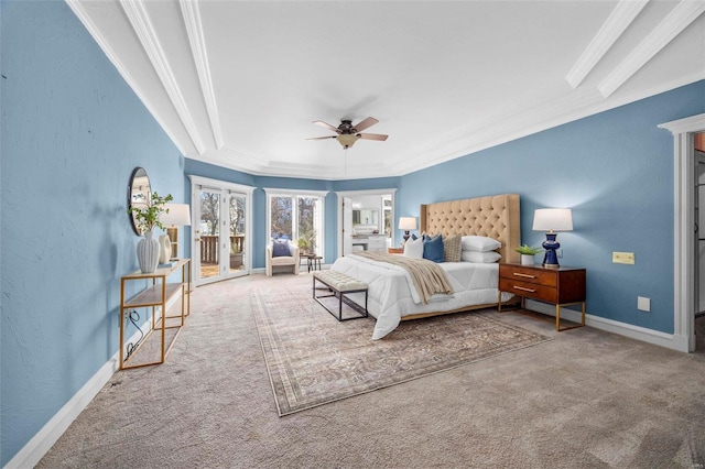 bedroom with crown molding, carpet, ceiling fan, and french doors