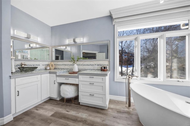 bathroom featuring vanity, a tub, decorative backsplash, and wood-type flooring