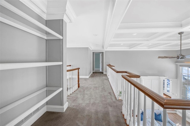 hall with crown molding, light carpet, beam ceiling, and coffered ceiling