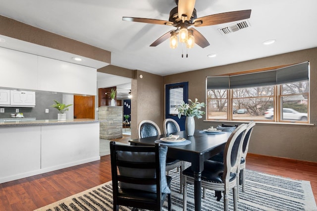 dining area with ceiling fan and wood-type flooring