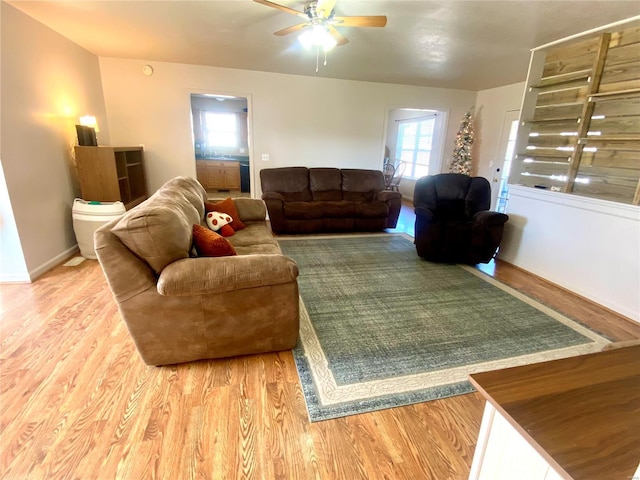 living room featuring hardwood / wood-style flooring and ceiling fan