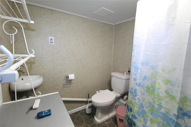 bathroom featuring toilet and crown molding