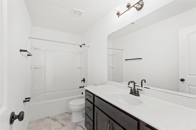 full bathroom featuring vanity, toilet, and shower / tub combination