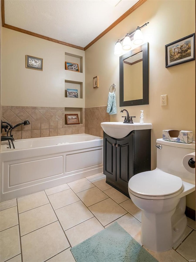 bathroom featuring a tub to relax in, tile patterned flooring, vanity, and ornamental molding