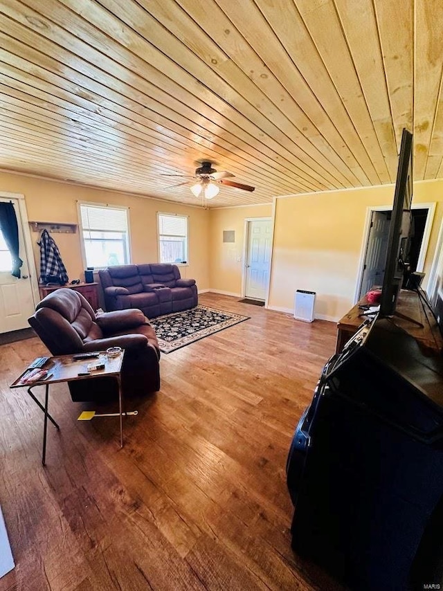 living room with ceiling fan, wood ceiling, and wood-type flooring