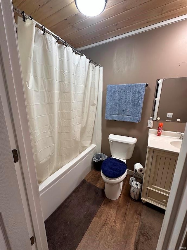 full bathroom featuring shower / bath combination with curtain, wood ceiling, vanity, hardwood / wood-style floors, and toilet