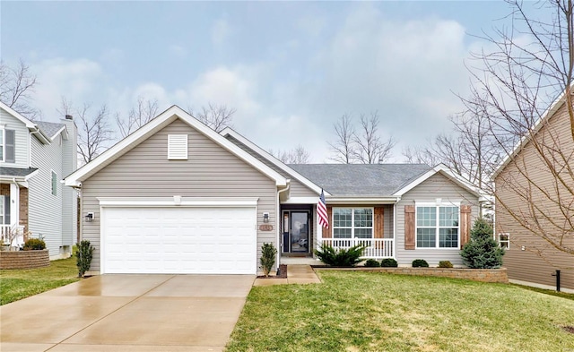 ranch-style home with a porch, a garage, and a front lawn