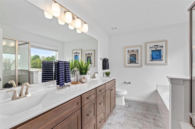 bathroom featuring vanity, toilet, and a bathing tub