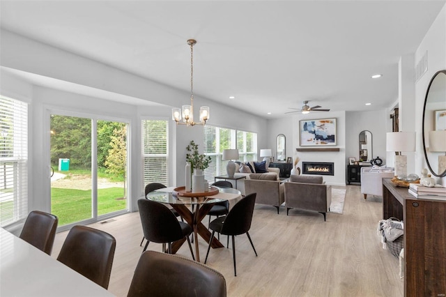 dining room with ceiling fan with notable chandelier, light wood-type flooring, and a wealth of natural light