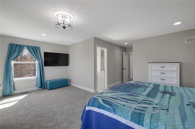 bedroom featuring carpet floors, recessed lighting, visible vents, and baseboards