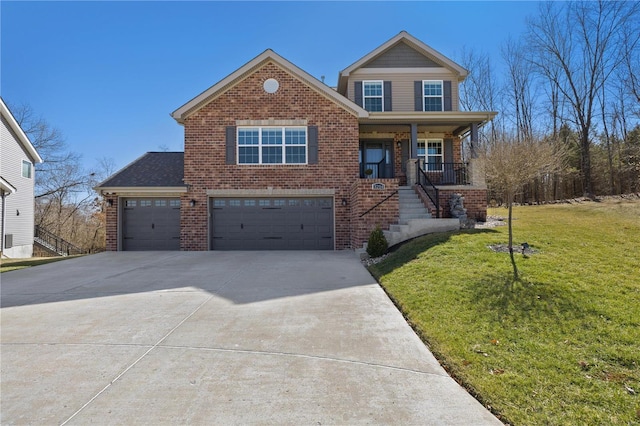 view of front facade with a front yard, brick siding, driveway, and an attached garage