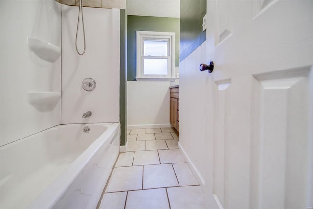 bathroom with vanity, tile patterned floors, and  shower combination