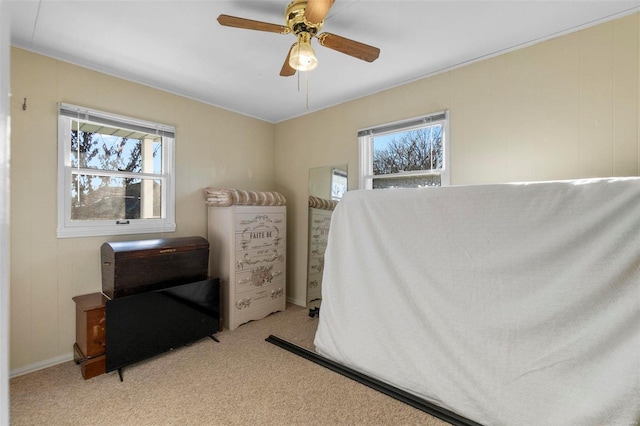 carpeted bedroom with multiple windows and ceiling fan