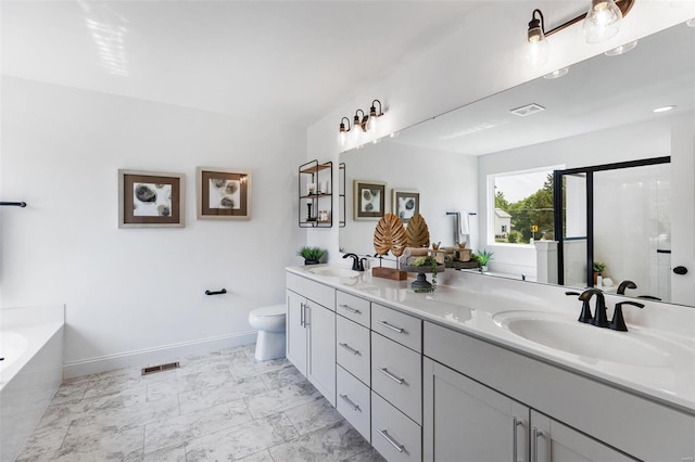 bathroom with a bathtub, vanity, and toilet