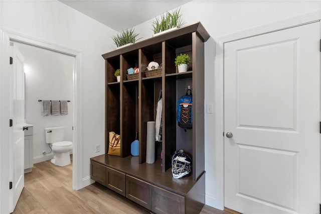 mudroom with light hardwood / wood-style flooring