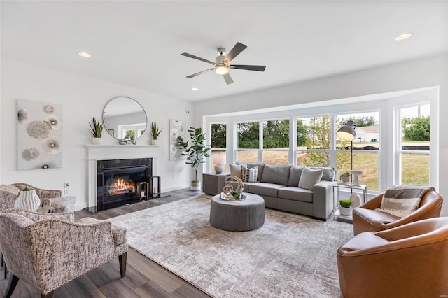 living room with hardwood / wood-style floors and ceiling fan