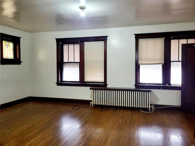 unfurnished room featuring a wealth of natural light, wood-type flooring, and radiator