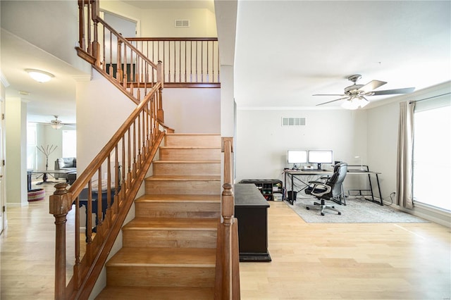 stairway featuring ceiling fan, wood-type flooring, and crown molding