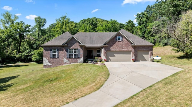 craftsman-style home with brick siding, roof with shingles, concrete driveway, a garage, and a front lawn