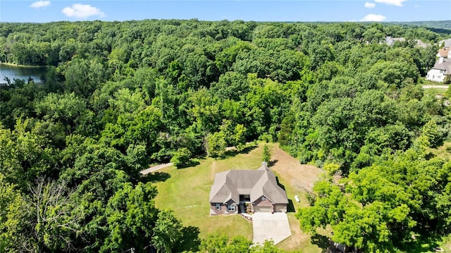 bird's eye view with a water view and a wooded view