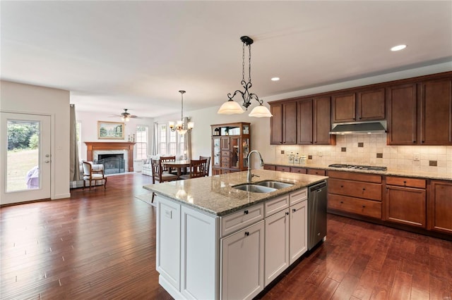 kitchen featuring under cabinet range hood, a sink, appliances with stainless steel finishes, decorative backsplash, and dark wood finished floors