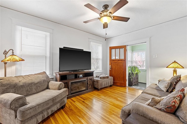 living room featuring light hardwood / wood-style flooring and ceiling fan