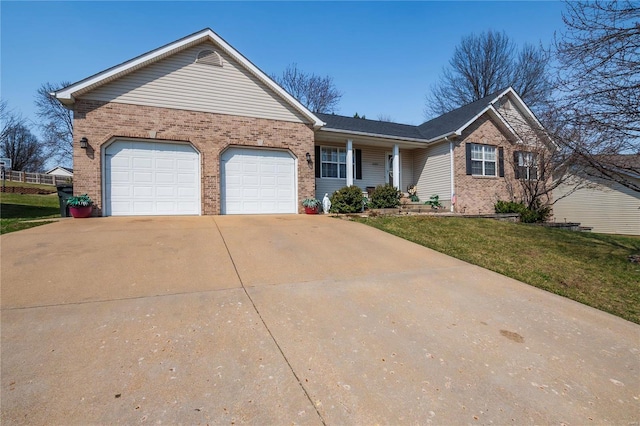 ranch-style home with a front lawn, brick siding, an attached garage, and driveway