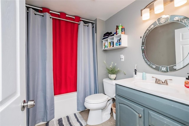 full bath with shower / tub combo, toilet, vanity, and tile patterned flooring